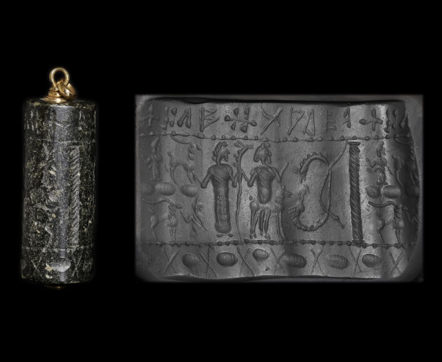 古代バクトリア 石製『人獣戦い』円筒印章シリンダーシール 印材 提げ物 装飾品 Antique Gallery Soleil アンティークジュエリー / ミタンニ王国